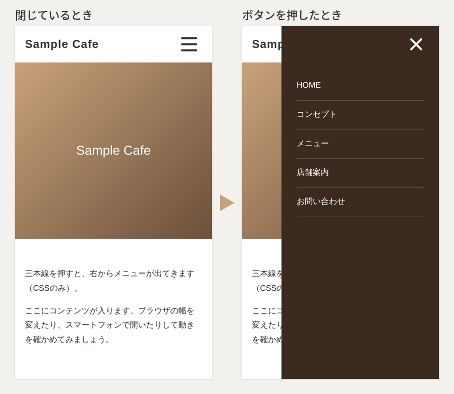 閉じている状態と、右からメニューが出てきた状態